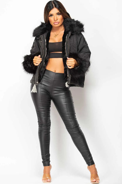 Black Denim Faux Fur Oversized Jacket