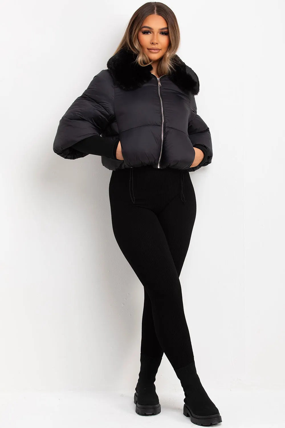 Faux Fur Collar Puffer Jacket Black