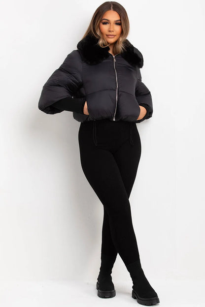 Faux Fur Collar Puffer Jacket Black