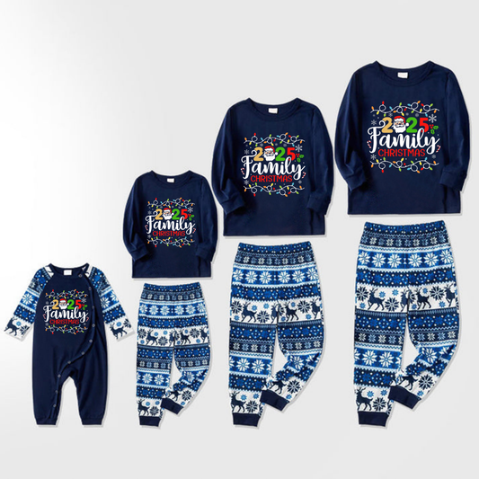 Joyful Blue Christmas Pajamas Set With Christmas Light and "2025 Family Christmas" Text Print