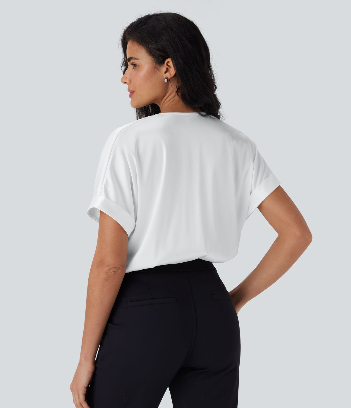 Crossover V-Neck Batwing-Sleeve Snap Satin Work Bodysuit