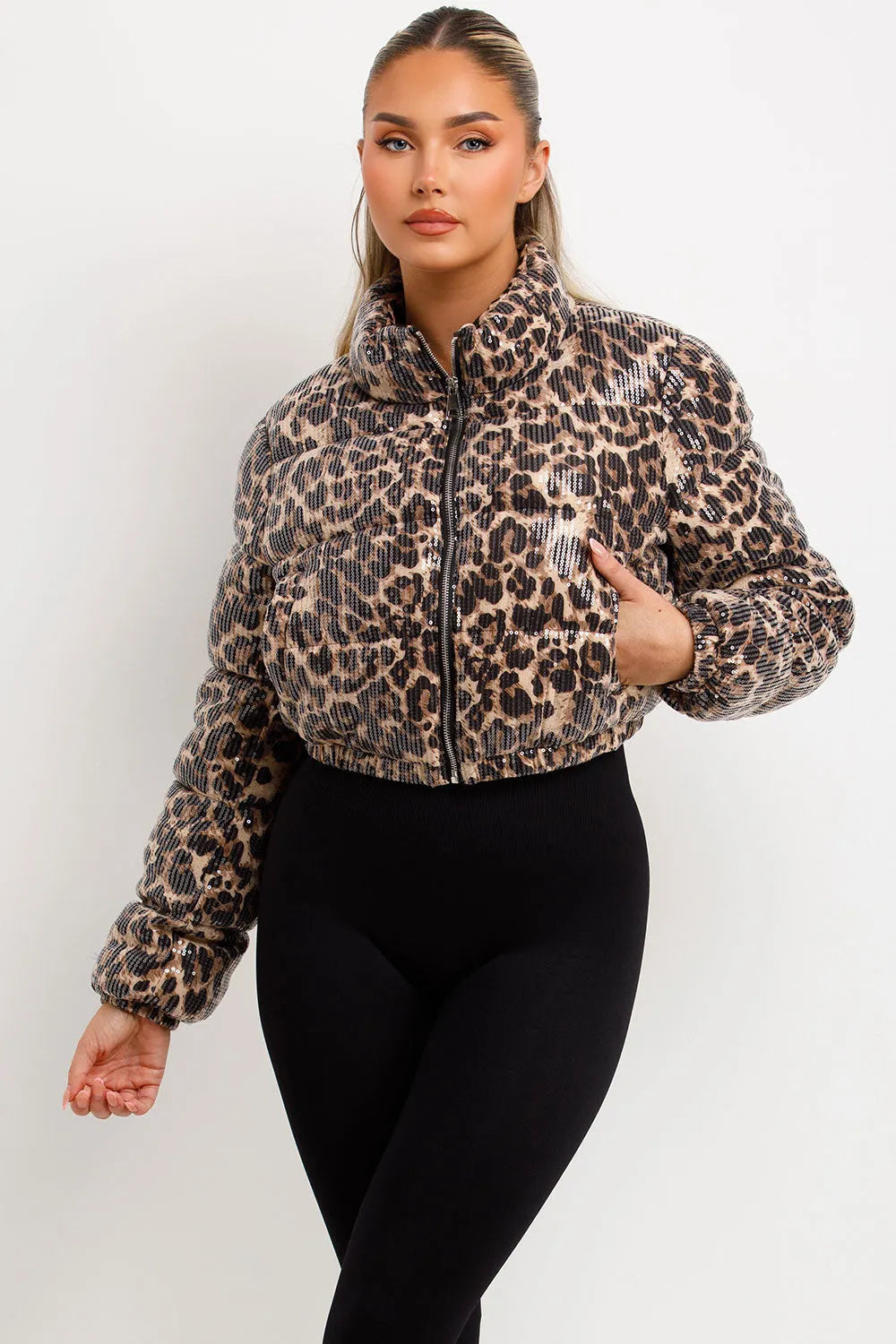 Leopard Print Crop Puffer Jacket Sequin Detail