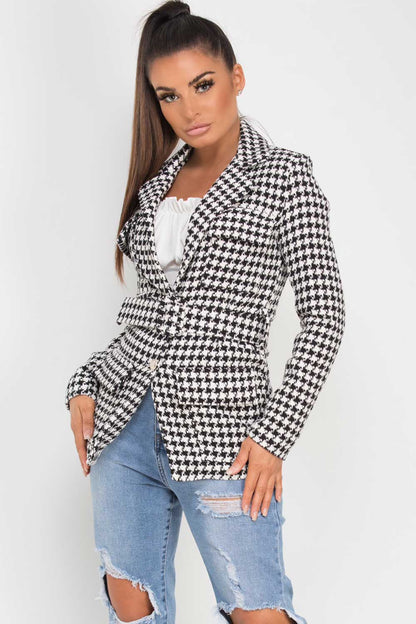 Tweed Blazer With Belt Black And White
