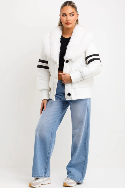 Aviator Bomber Jacket With Faux Fur And Stripe Detail White