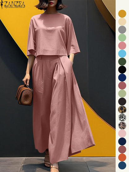 Women's Top & Wide Leg Pants Two-piece Set, Casual Fashion Cozy Three Quarter Length Sleeve Top & Trousers for Daily Outdoor Wear, Ladies Clothes for All Seasons, Womenswear, Casual Matching Set