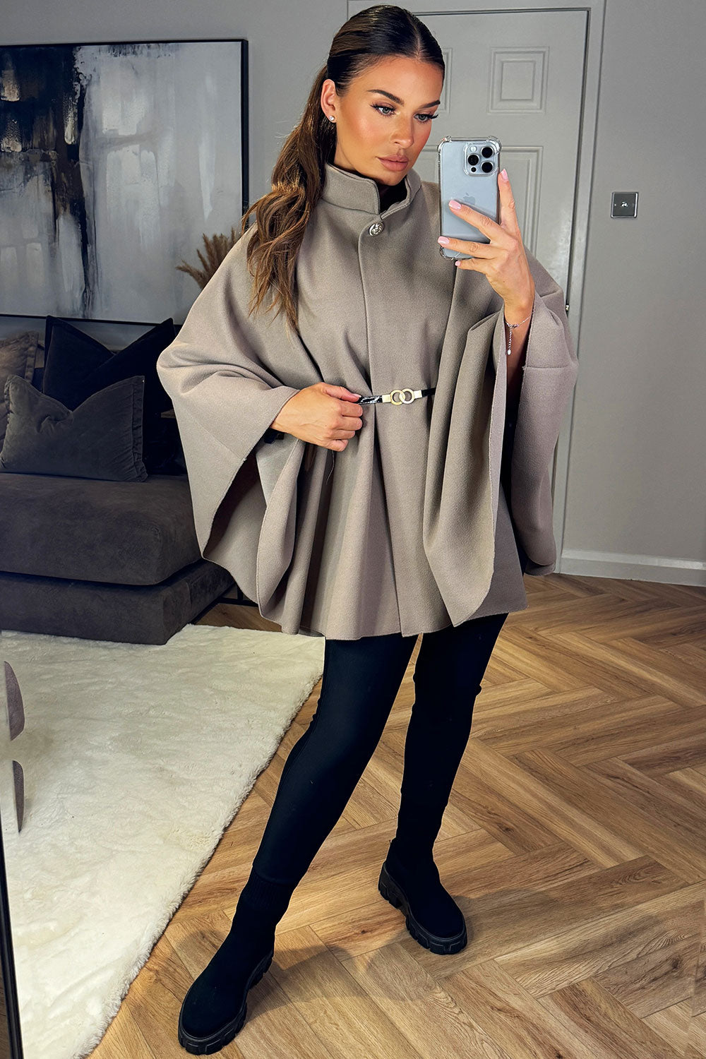 Cape With Belt And Button Mocha Poncho