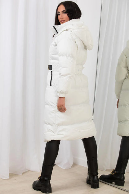 Long Puffer Padded Coat With Gold Chain Belt White