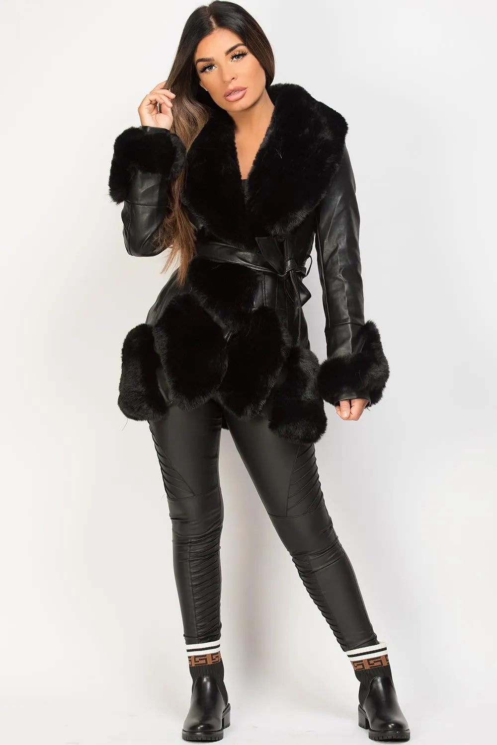 Black Faux Leather Belted Jacket With Faux Fur Trim