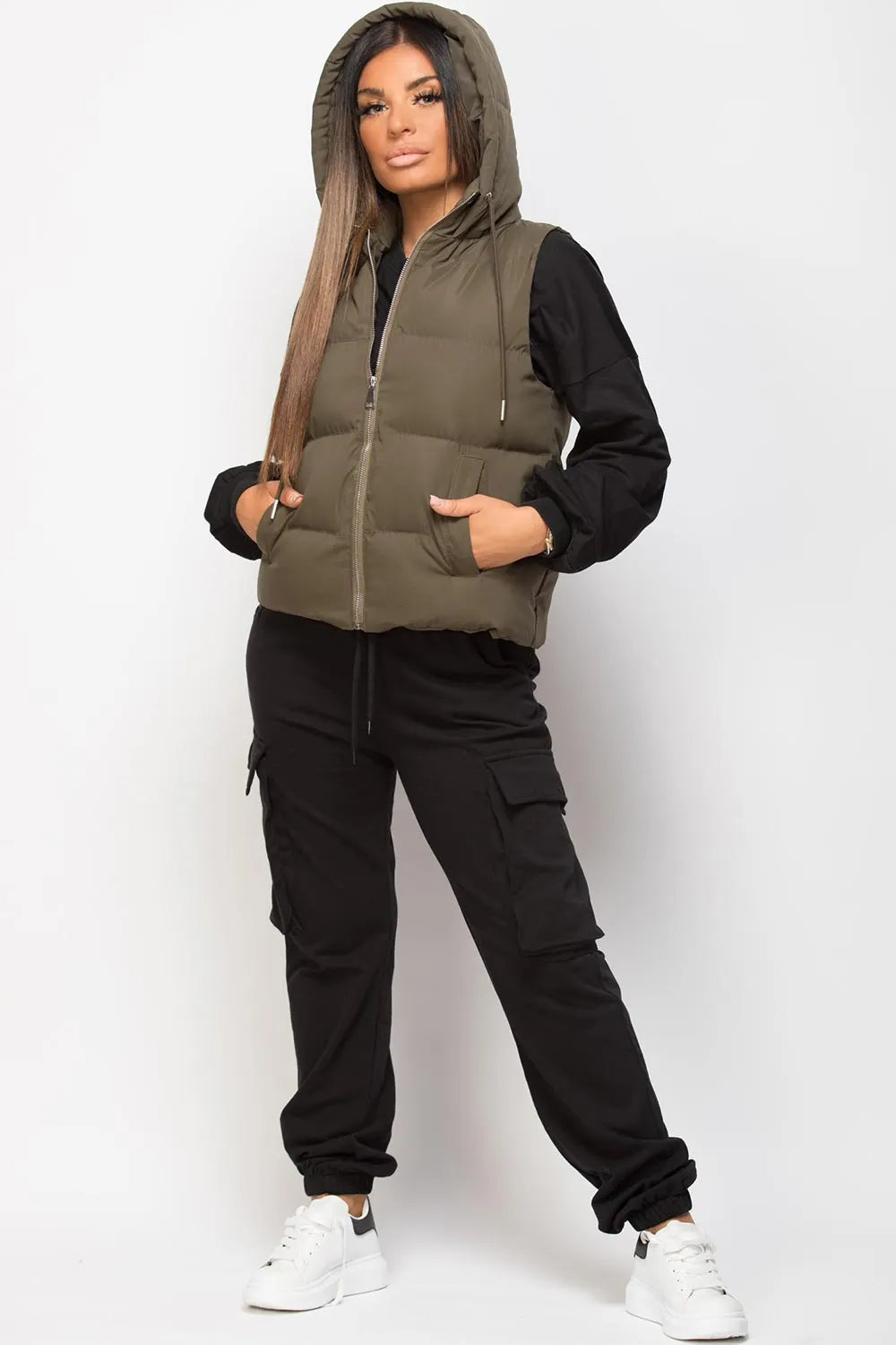Hooded Padded Gilet Sleeveless Jacket Khaki