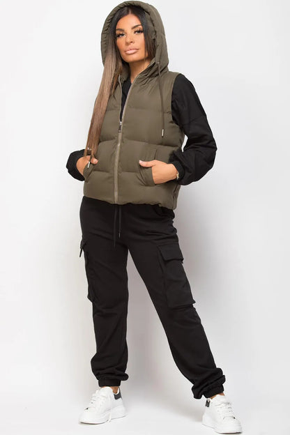 Hooded Padded Gilet Sleeveless Jacket Khaki