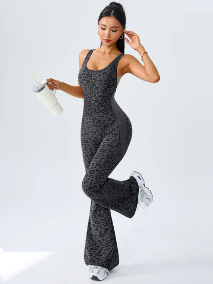 Women's Leopard Print Yoga Jumpsuit, Cross Strap Design, Long Sleeve Slim Fit, Casual Fashion for All Seasons, Comfortable Wear at Home