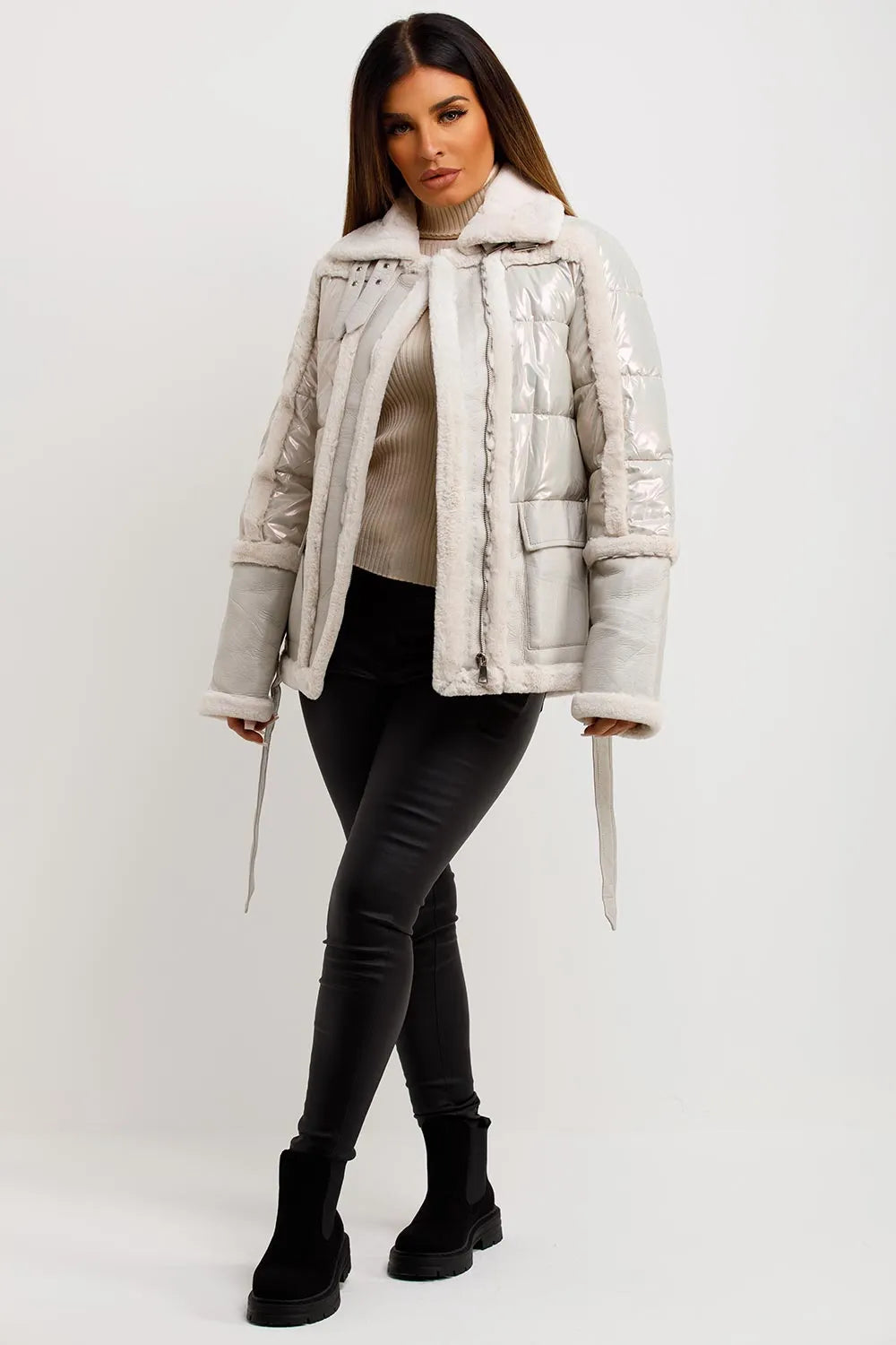 Faux Fur Trim Faux Suede Jacket In Ivory