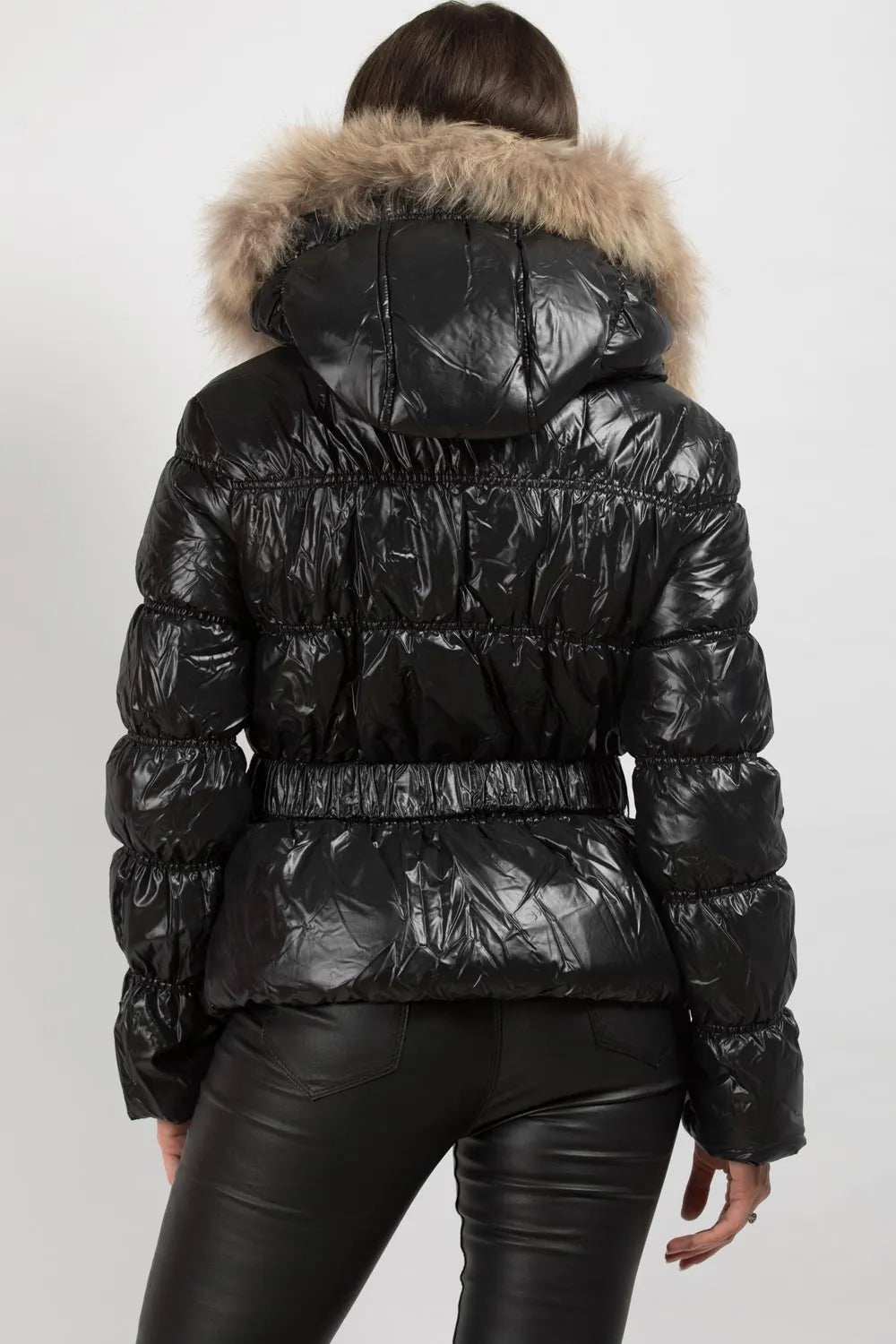 Shiny Puffer Coat With Fur Hood Belted