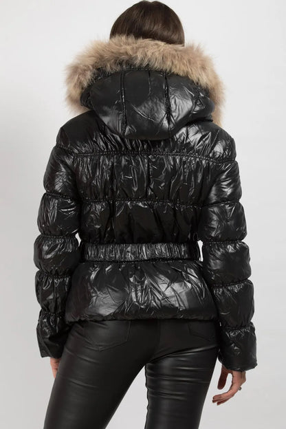 Shiny Puffer Coat With Fur Hood Belted