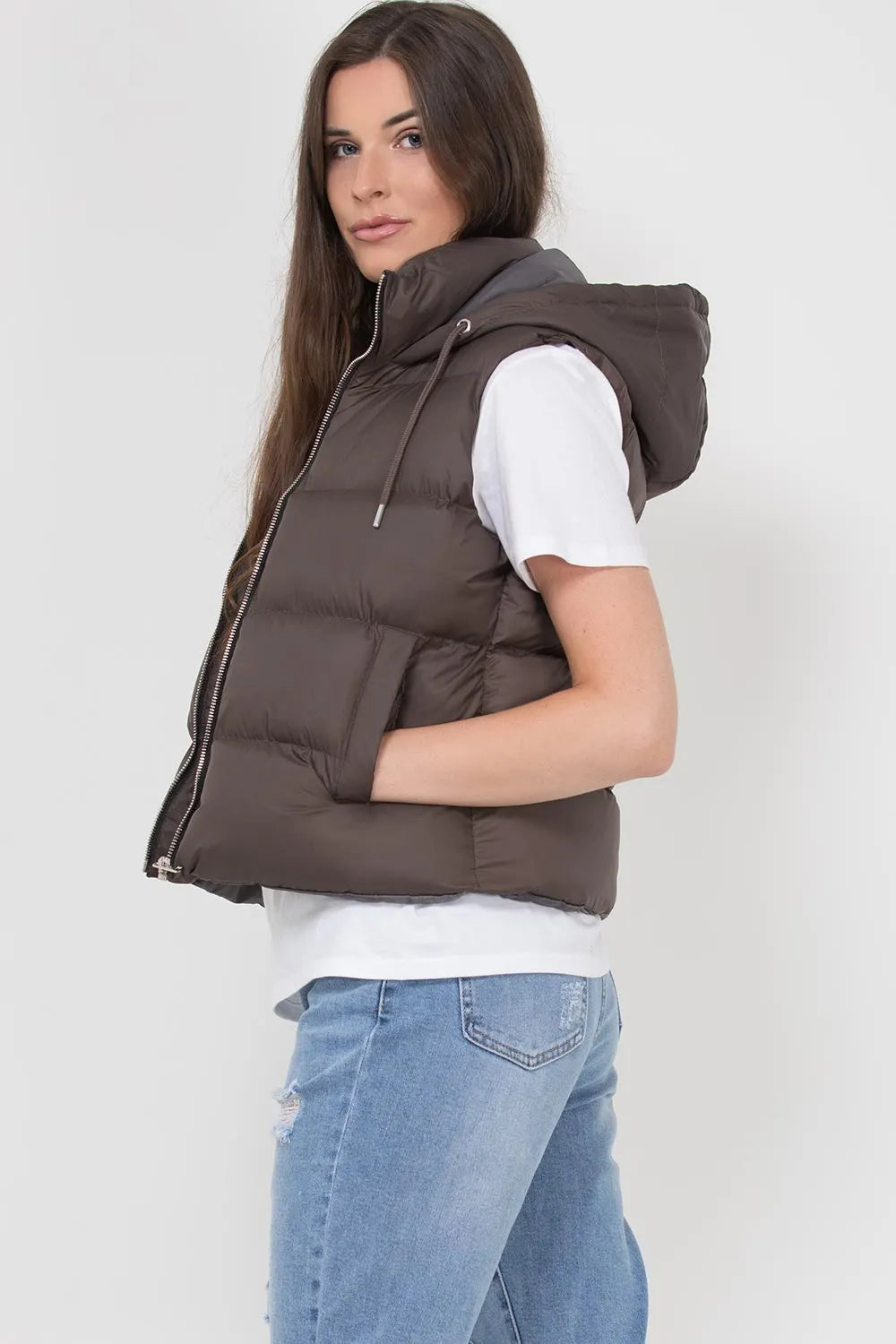 Hooded Puffer Gilet Sleeveless Jacket Chocolate Brown