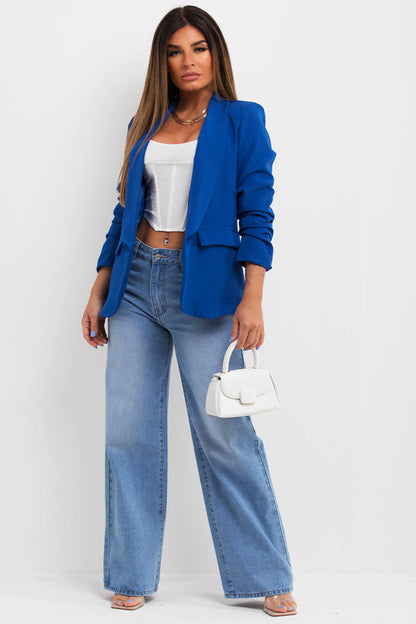 Royal Blue Ruched Sleeve Blazer