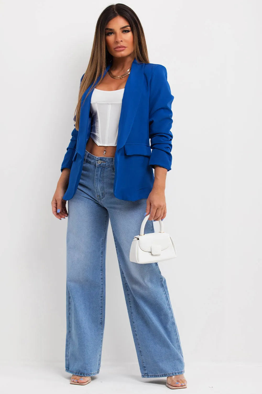 Royal Blue Ruched Sleeve Blazer