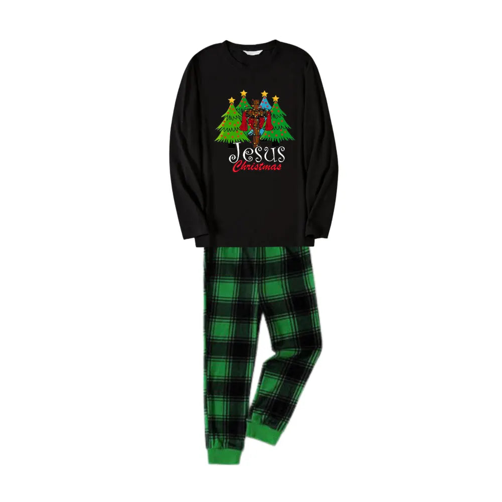 Christmas Family Matching Pajamas-Black Top and Green Plaid Pants Pjs Set with "Jesus Christmas" Print