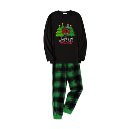 Christmas Family Matching Pajamas-Black Top and Green Plaid Pants Pjs Set with "Jesus Christmas" Print