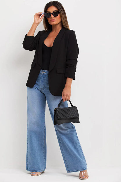 Black Ruched Sleeve Blazer