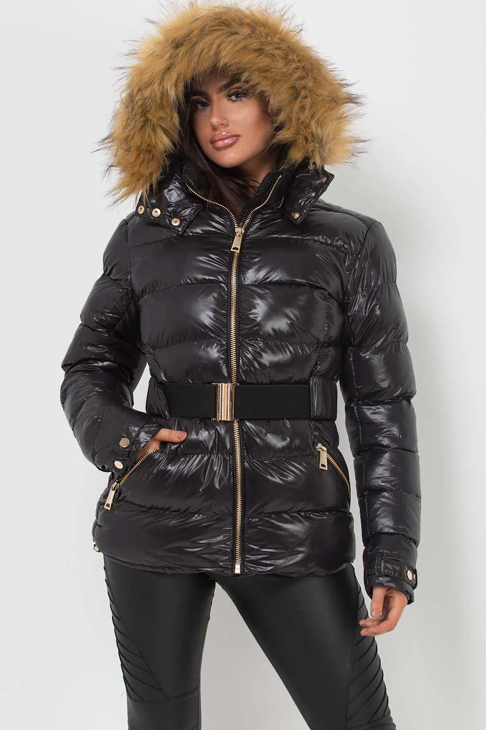 Shiny Puffer Belted Jacket With Faux Fur Hood