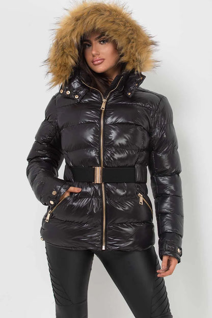 Shiny Puffer Belted Jacket With Faux Fur Hood