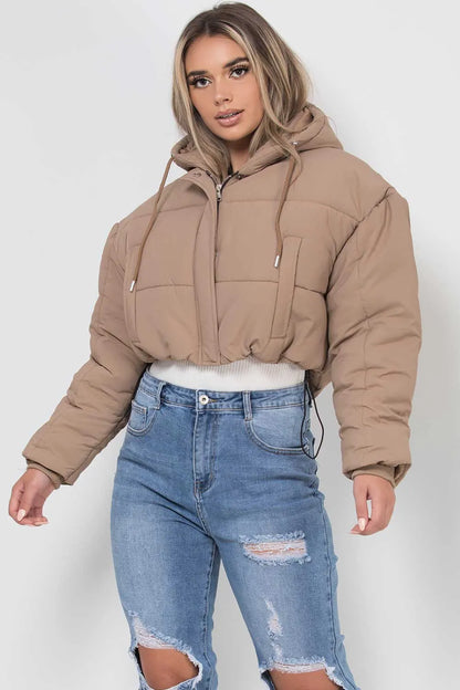 Crop Puffer Jacket With Hood Beige