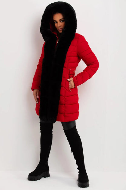Puffer Padded Coat With Faux Fur Hood Red