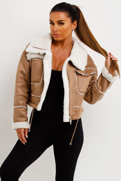 Faux Shearling Faux Leather Jacket Beige