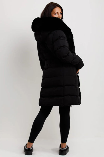 Black Long Puffer Padded Coat With Faux Fur Hood And Trim