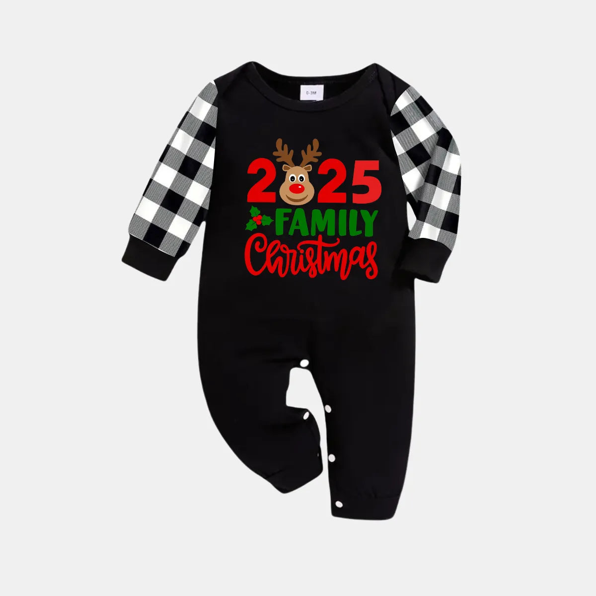"2025 Family Christmas" Moose Letter Print Black Long Sleeve Top with Black And White Plaid Pants Family Matching Pajamas