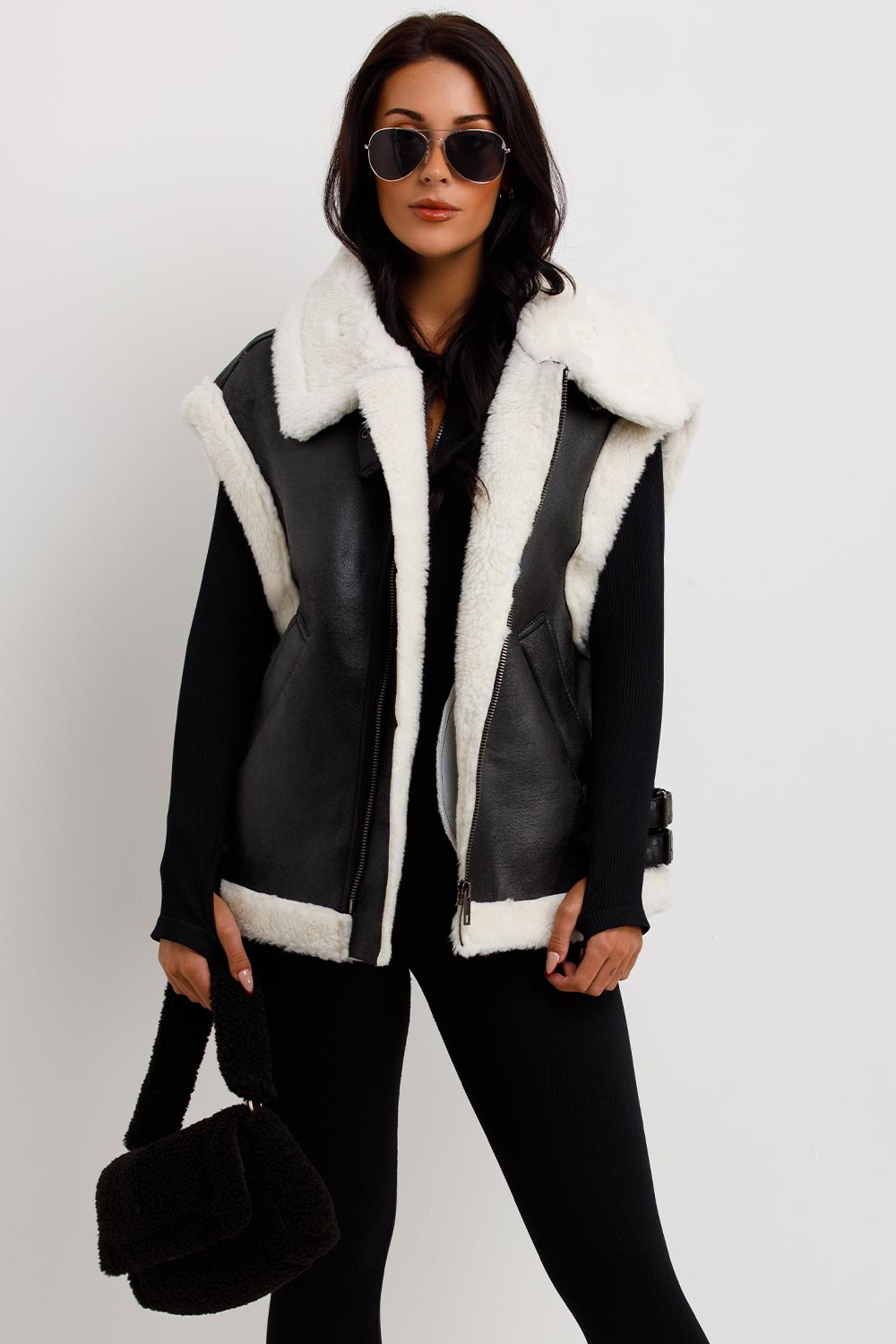 Faux Shearling Aviator Gilet In Faux Leather Black