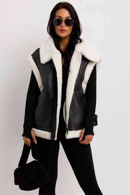 Faux Shearling Aviator Gilet In Faux Leather Black