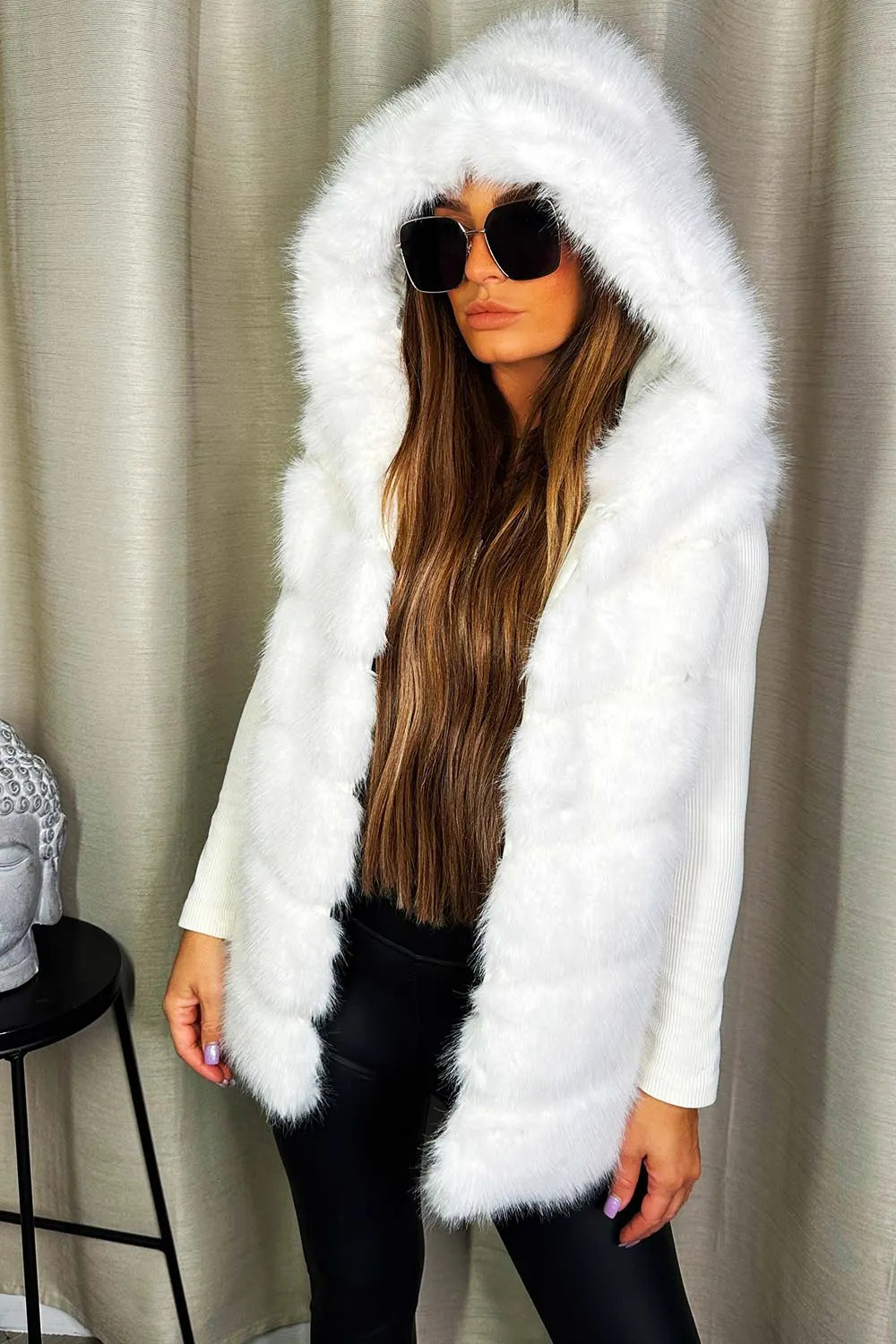 Faux Fur Hooded Gilet White
