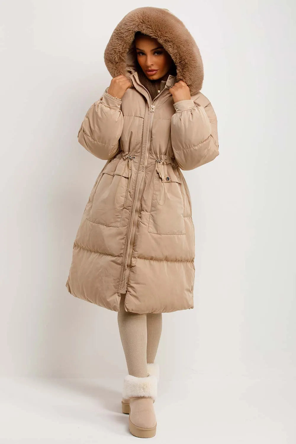 Long Puffer Coat With Faux Fur Hood And Drawstring Waist Beige