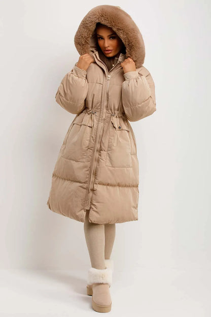Long Puffer Coat With Faux Fur Hood And Drawstring Waist Beige