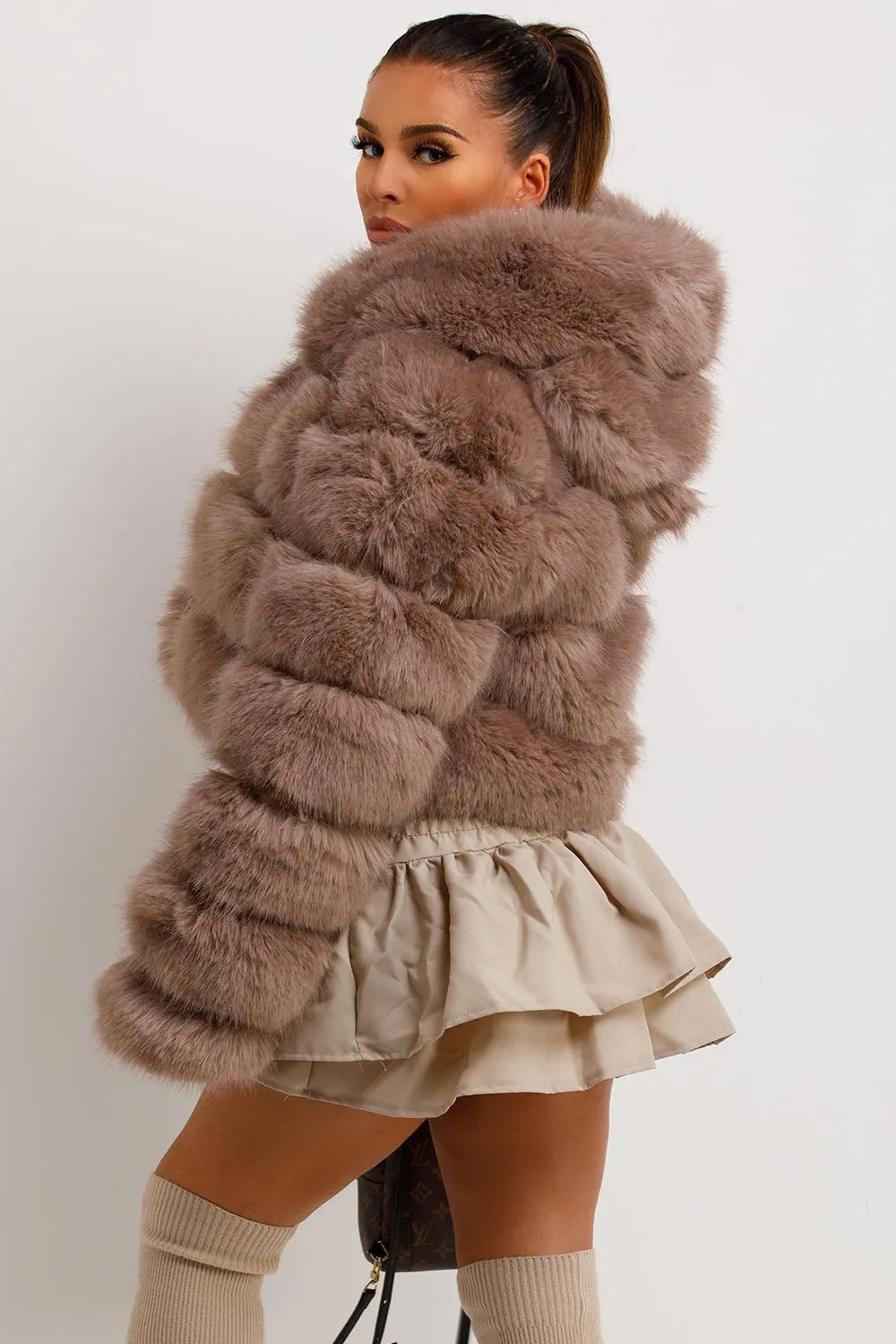 Faux Fur Coat With Hood Tan