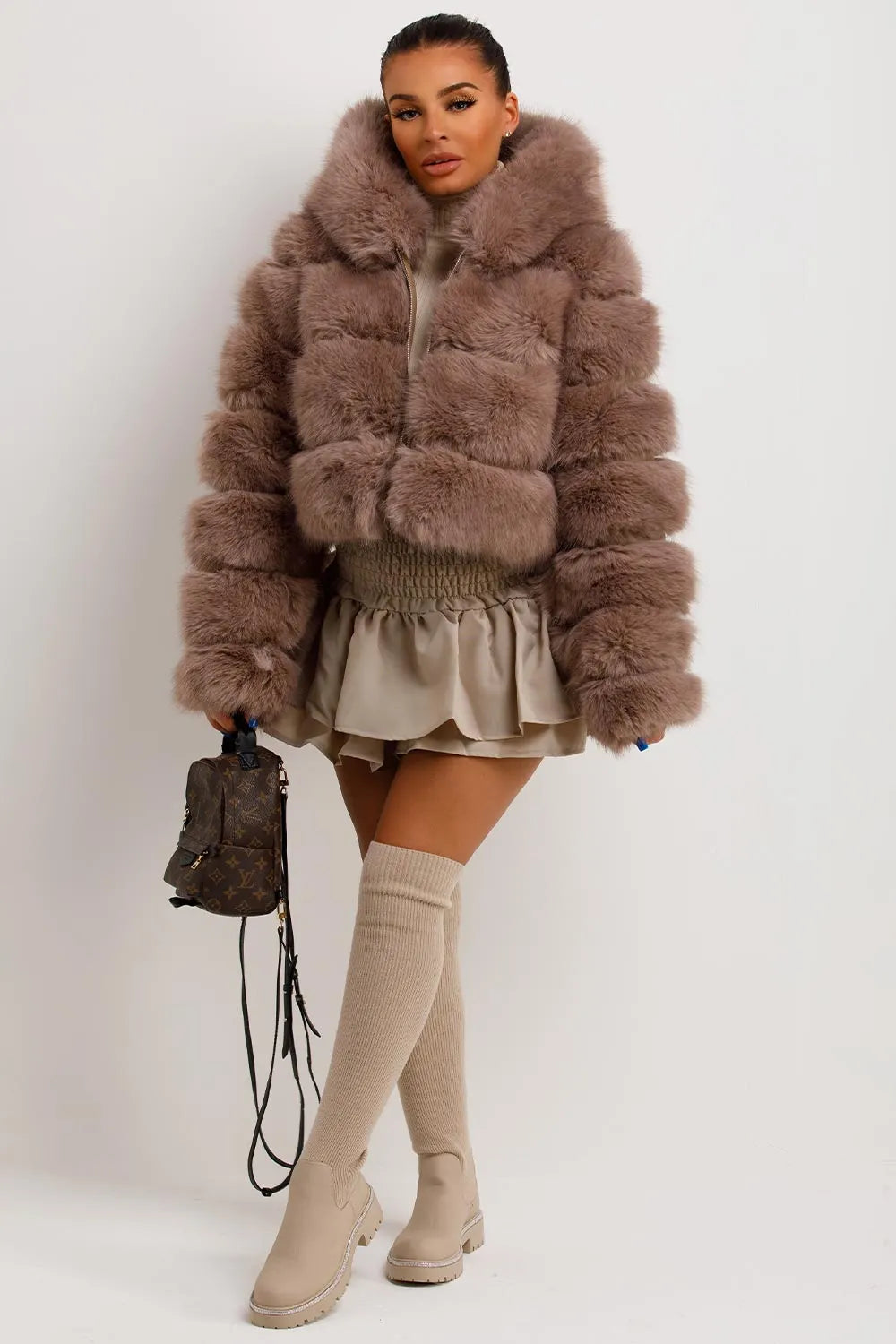 Faux Fur Coat With Hood Tan