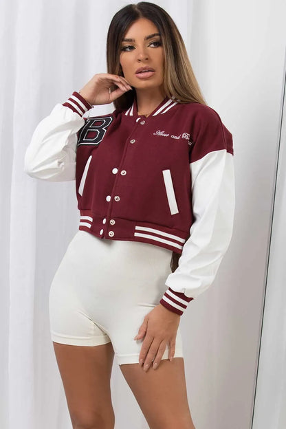 PU Sleeve Varsity Bomber Cropped Letterman Jacket Wine Red