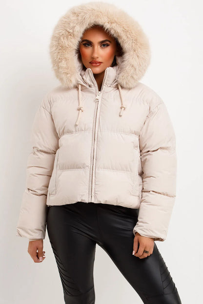 Puffer Jacket With Faux Fur Hood Beige