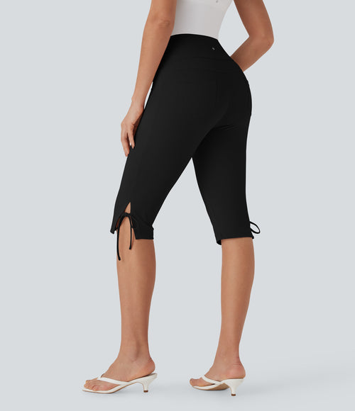Mid Rise Lace Up Capri Casual Pants with Pockets