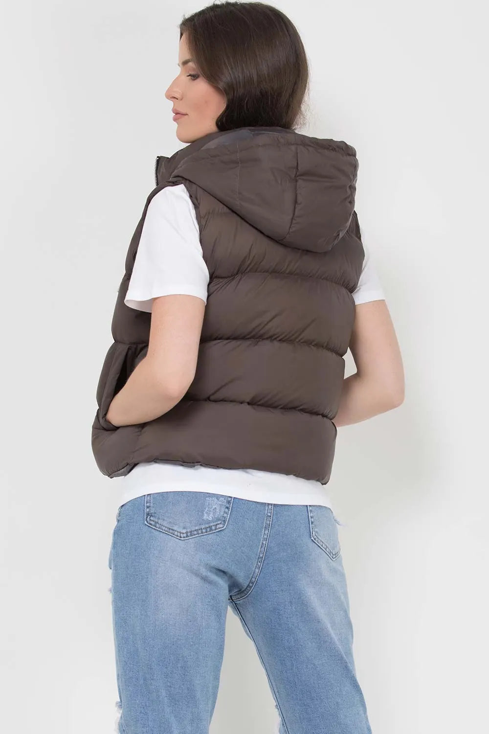 Hooded Puffer Gilet Sleeveless Jacket Chocolate Brown