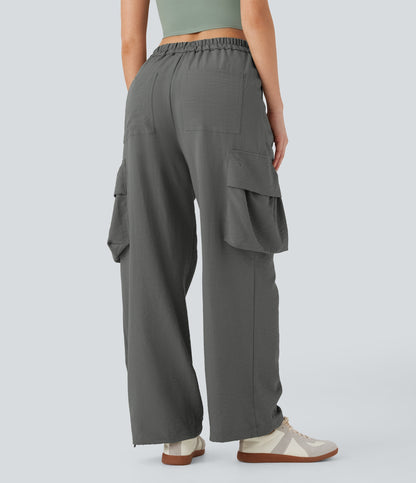 High Waisted Adjustable Drawstring Hem Linen-Feel Casual Cargo Pants with Pockets