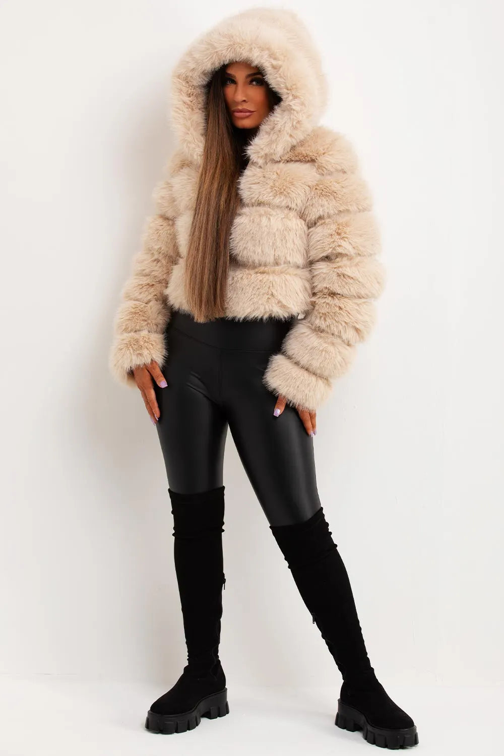 Faux Fur Coat With Hood Beige