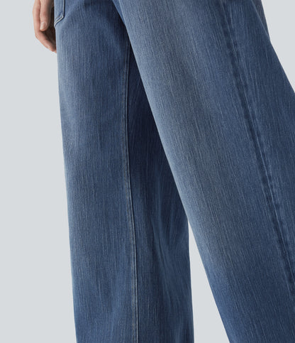 FlexTM Low Rise Rolled Hem Washed Casual Baggy Jeans with Pockets