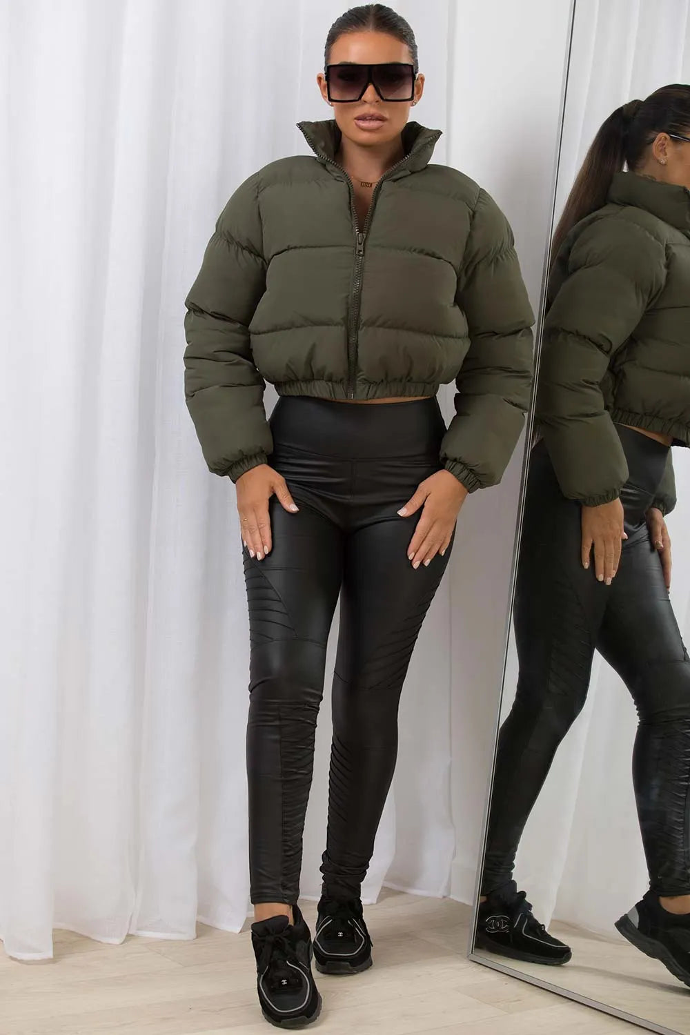 Khaki Crop Puffer Jacket