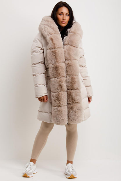 Beige Long Puffer Padded Coat With Faux Fur Hood And Trim