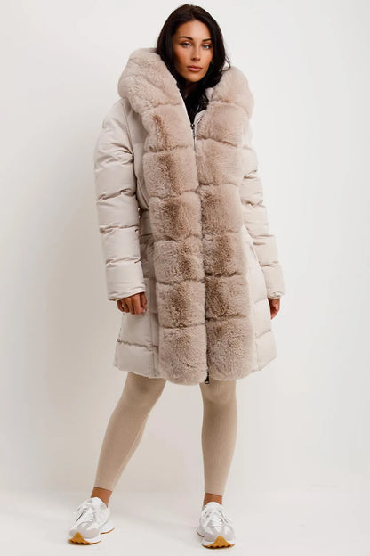 Beige Long Puffer Padded Coat With Faux Fur Hood And Trim
