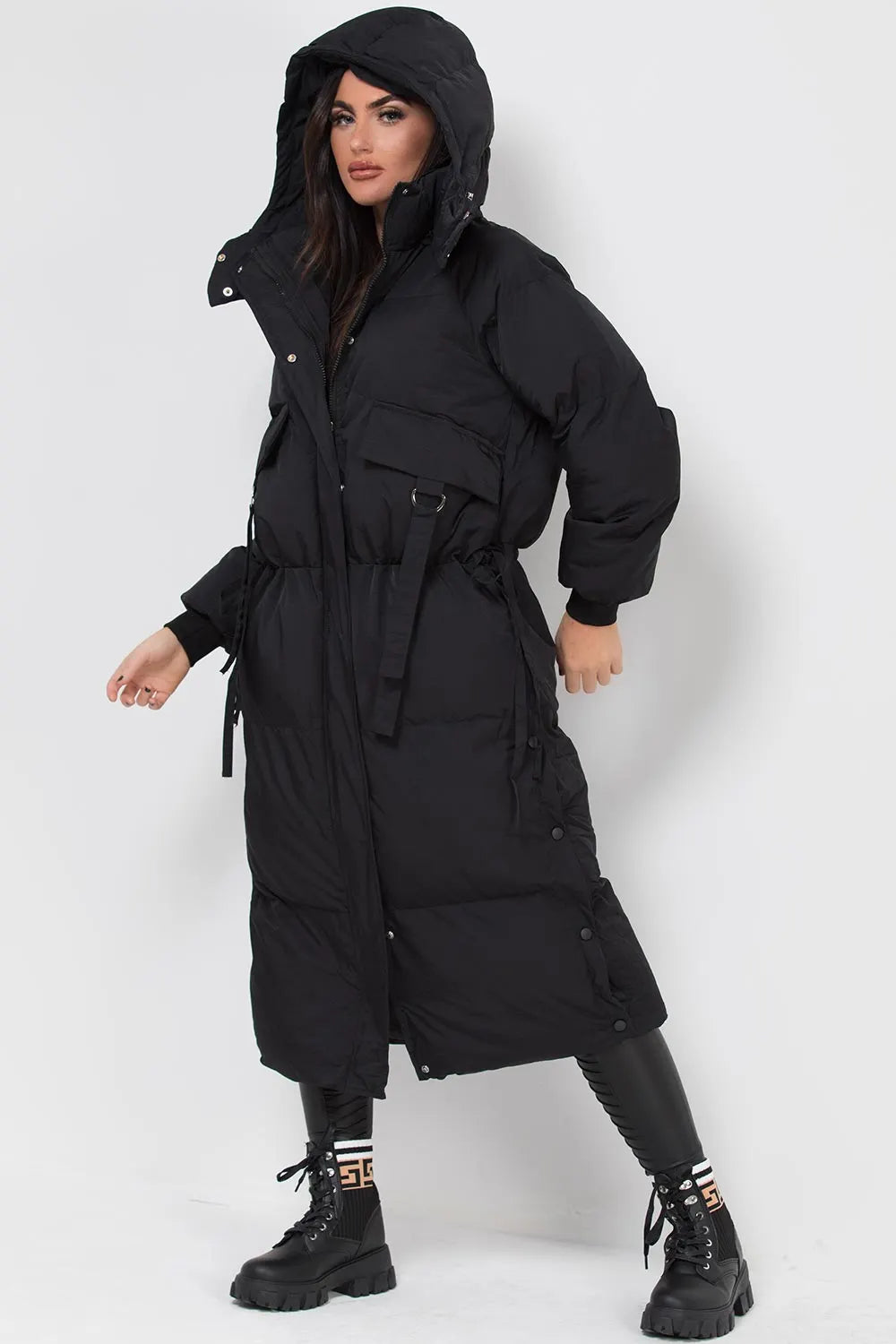 Long Puffer Padded Coat With Utility Pockets Black