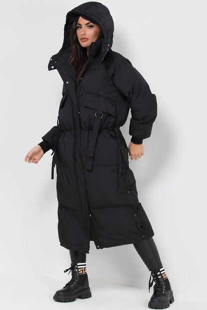 Long Puffer Padded Coat With Utility Pockets Black